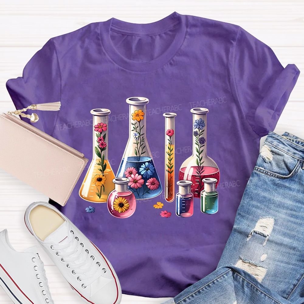 Floral Lab Beakers Test Tubes Wildflowers In Science Lab Glassware Teacher T-shirt