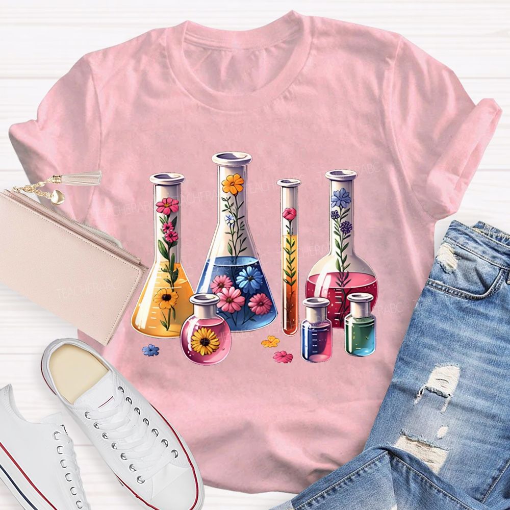 Floral Lab Beakers Test Tubes Wildflowers In Science Lab Glassware Teacher T-shirt