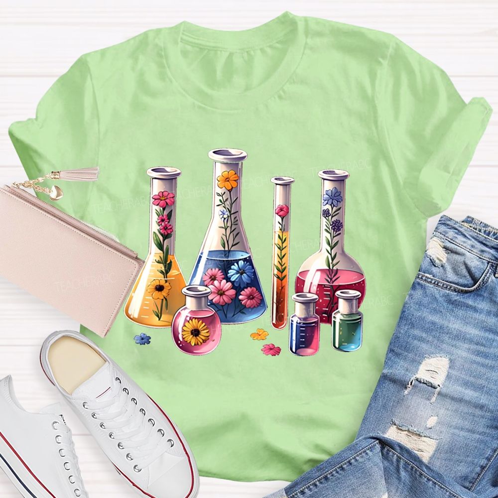 Floral Lab Beakers Test Tubes Wildflowers In Science Lab Glassware Teacher T-shirt
