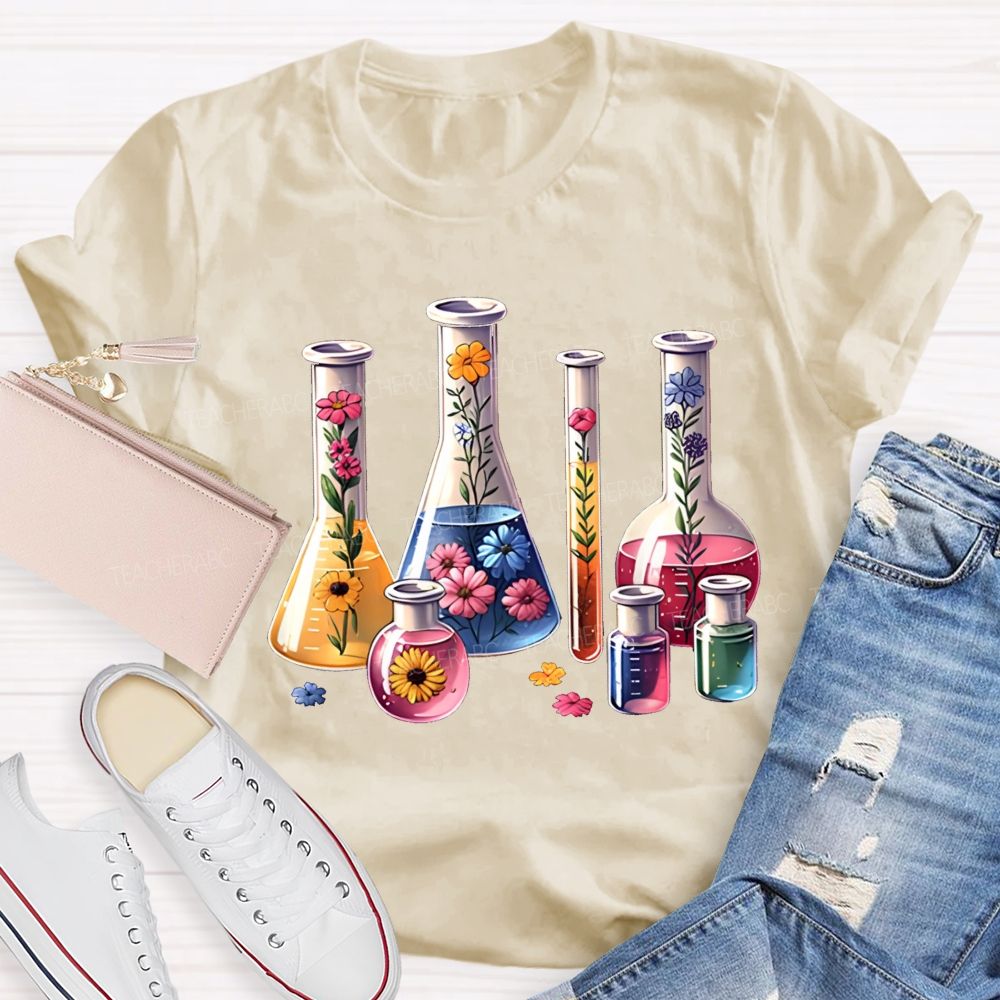 Floral Lab Beakers Test Tubes Wildflowers In Science Lab Glassware Teacher T-shirt
