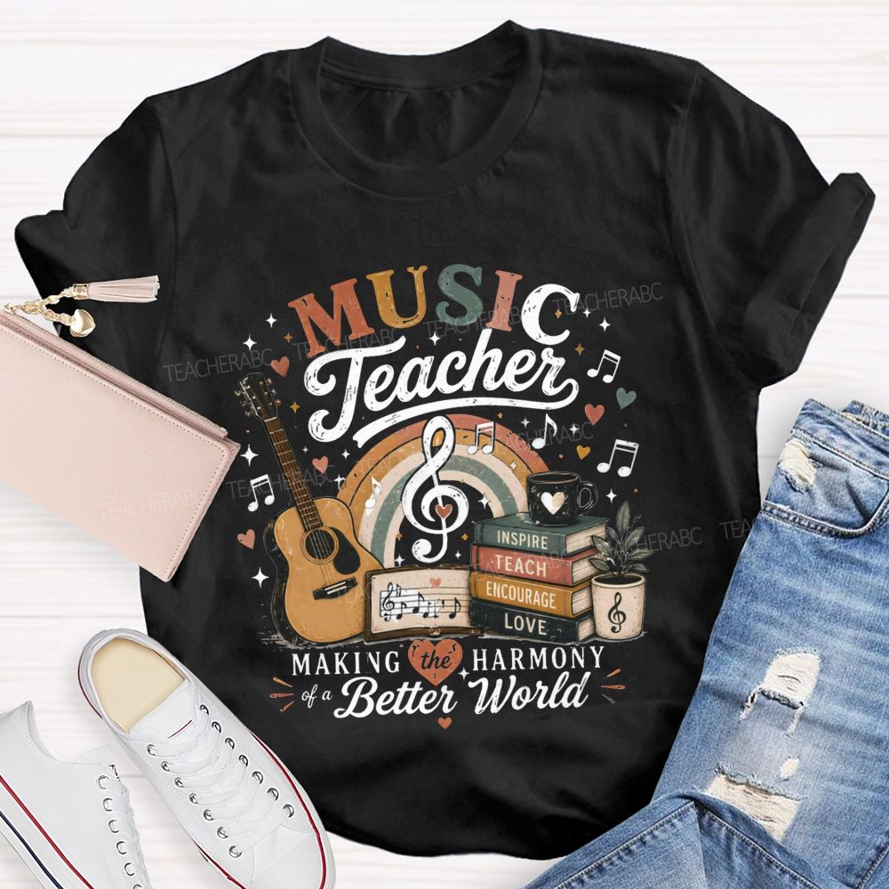 Music Teacher Making The Harmony Of A Better World Teacher T-shirt