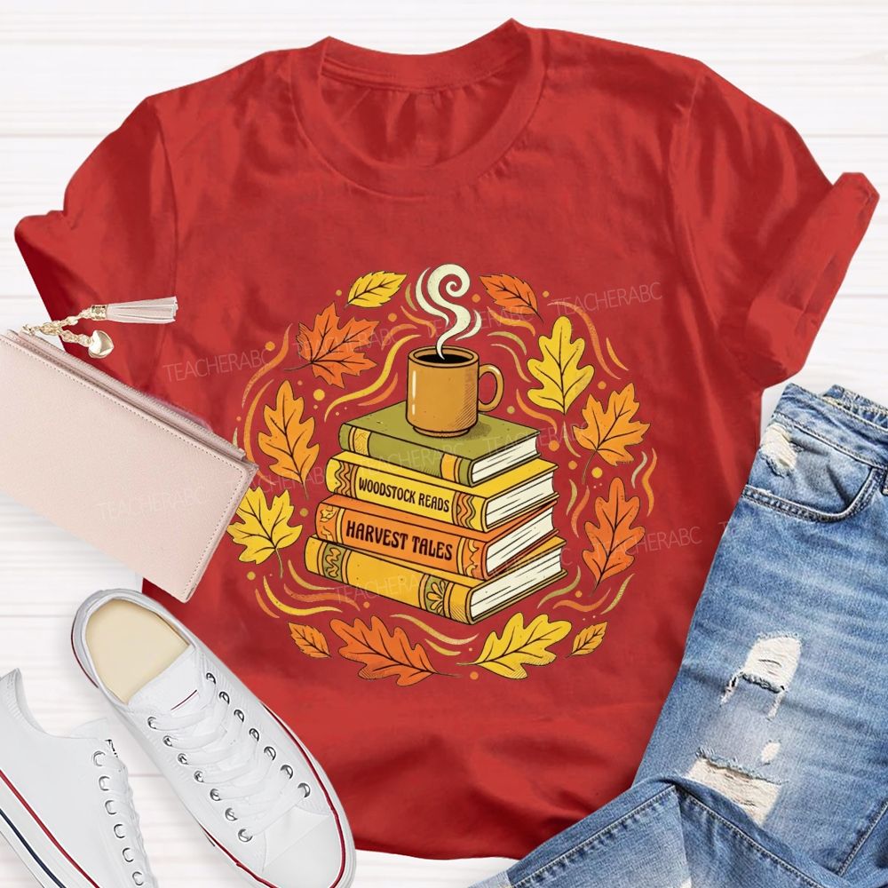 Coffee Books And Autumn Leaves Teacher T-shirt