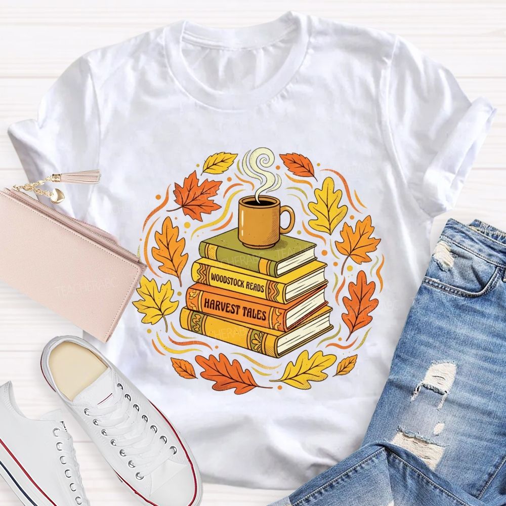 Coffee Books And Autumn Leaves Teacher T-shirt