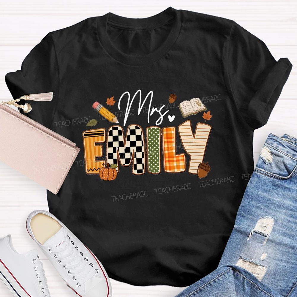 Personalized Name Fall Vibes Mrs Emily Checkered print Teacher T-shirt