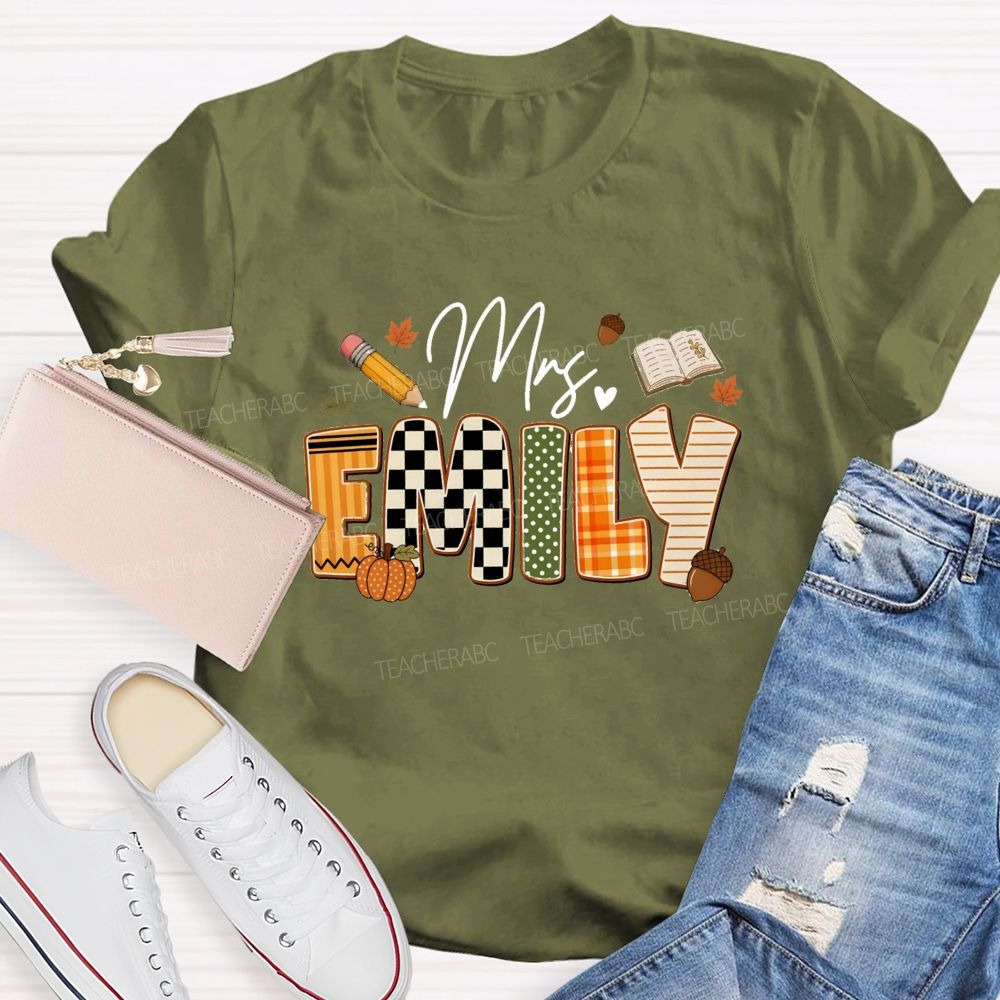 Personalized Name Fall Vibes Mrs Emily Checkered print Teacher T-shirt