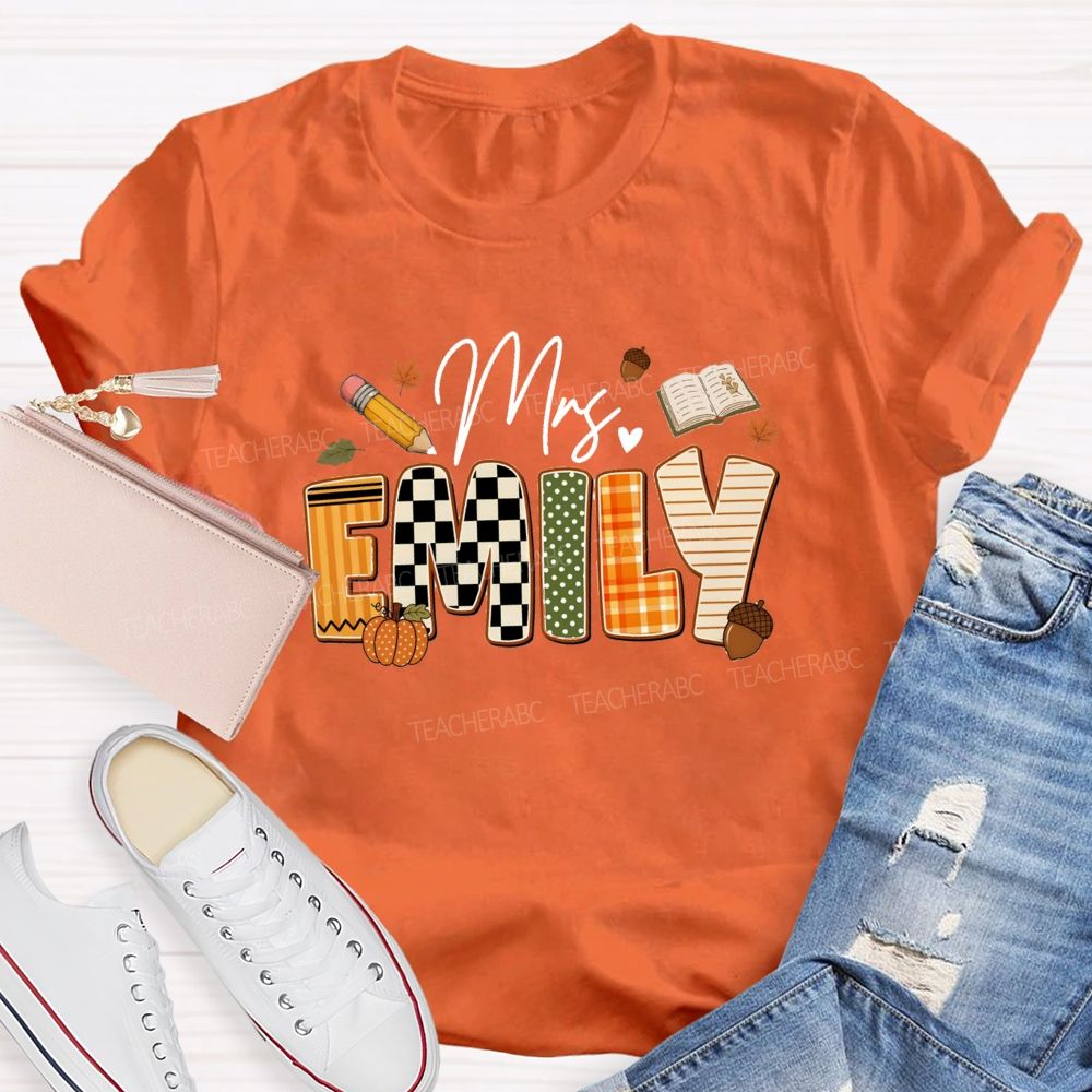 Personalized Name Fall Vibes Mrs Emily Checkered print Teacher T-shirt