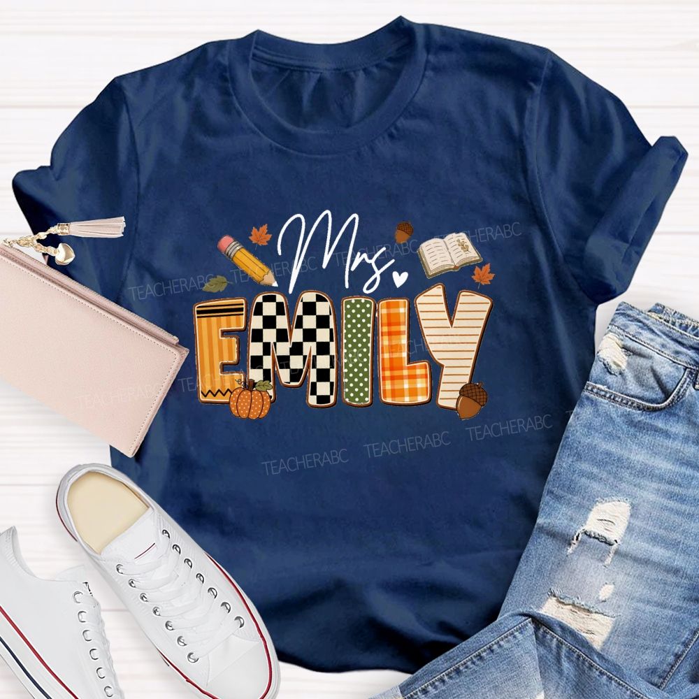 Personalized Name Fall Vibes Mrs Emily Checkered print Teacher T-shirt