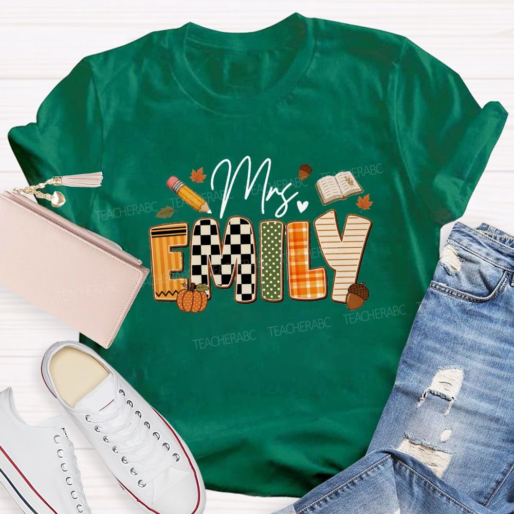 Personalized Name Fall Vibes Mrs Emily Checkered print Teacher T-shirt