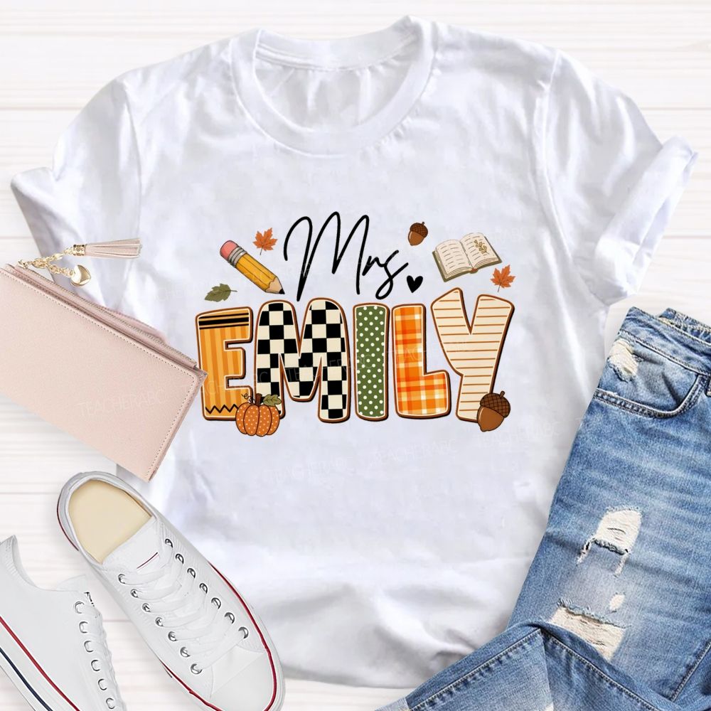 Personalized Name Fall Vibes Mrs Emily Checkered print Teacher T-shirt