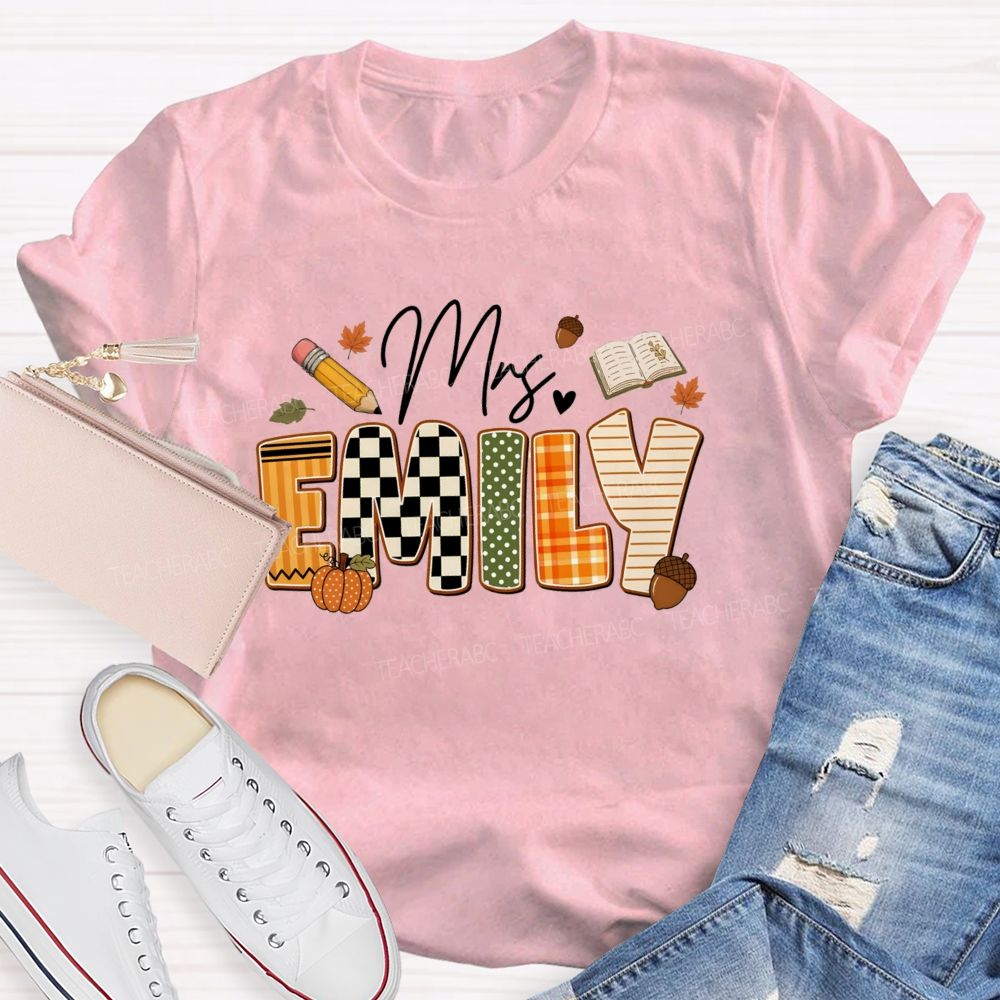 Personalized Name Fall Vibes Mrs Emily Checkered print Teacher T-shirt