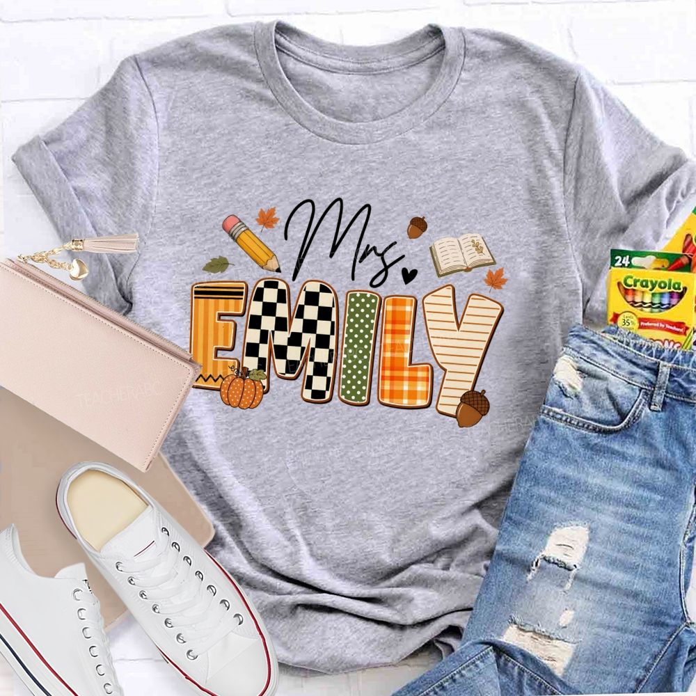 Personalized Name Fall Vibes Mrs Emily Checkered print Teacher T-shirt