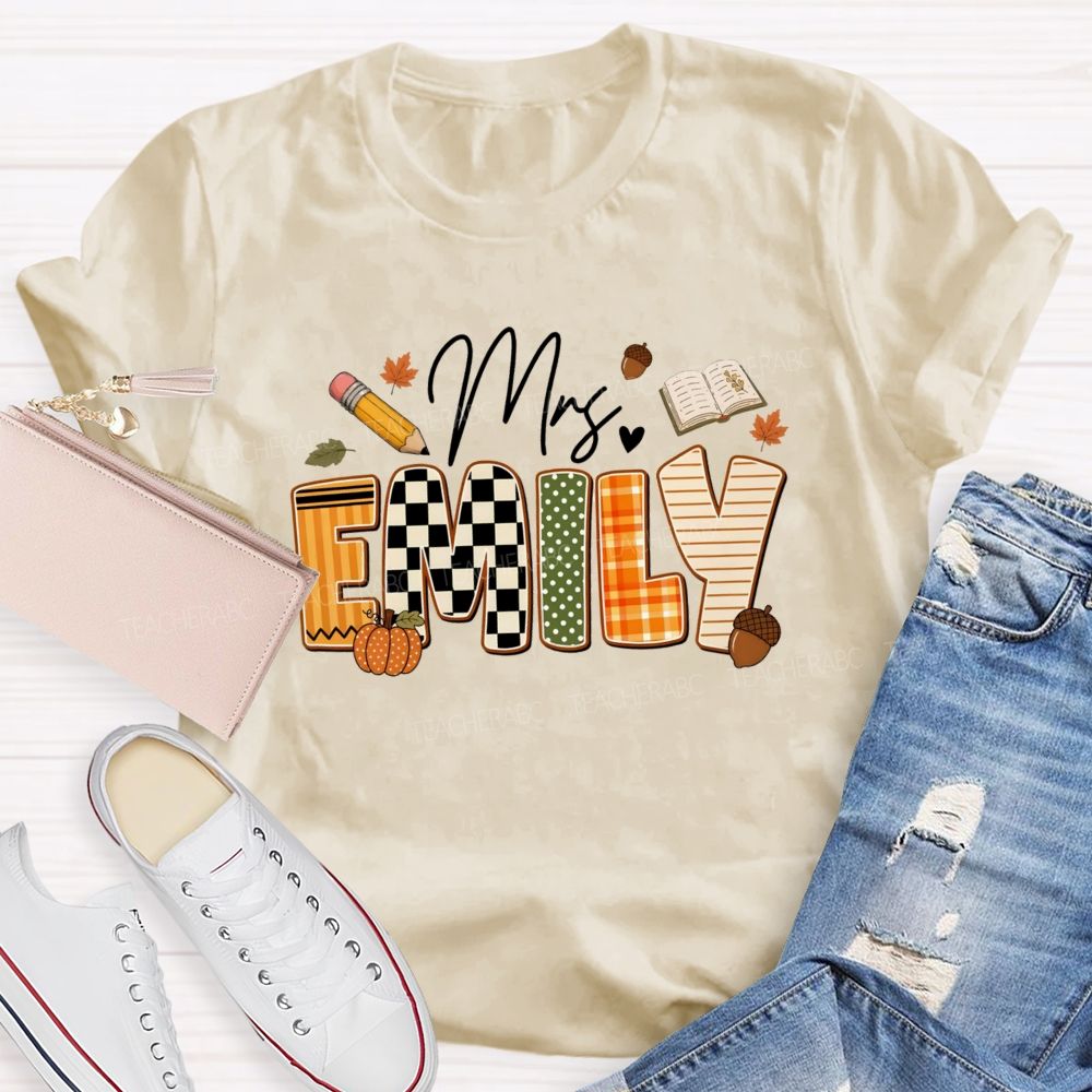 Personalized Name Fall Vibes Mrs Emily Checkered print Teacher T-shirt