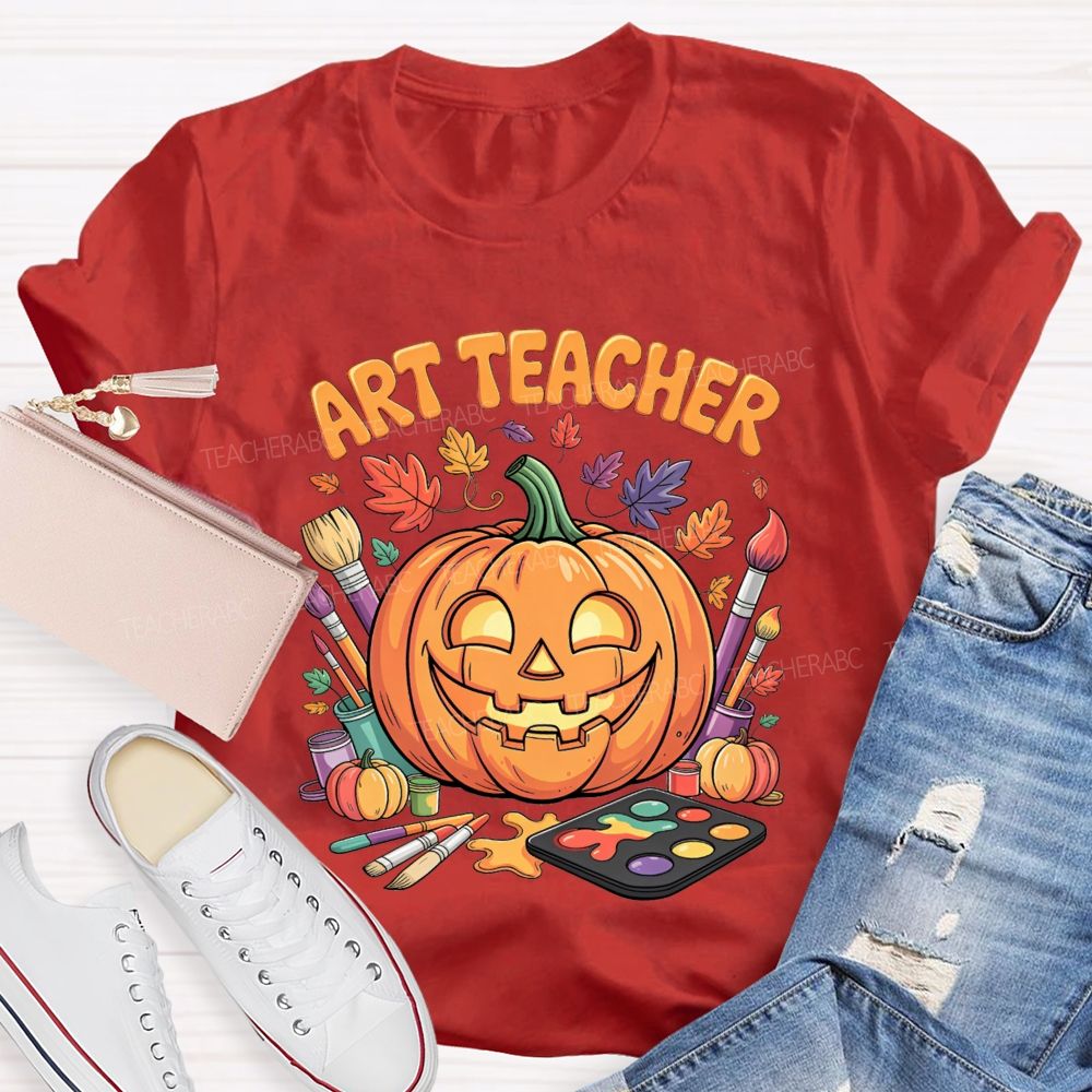 Art Teacher Halloween Pumpkin Paint Brushes Teacher T-shirt