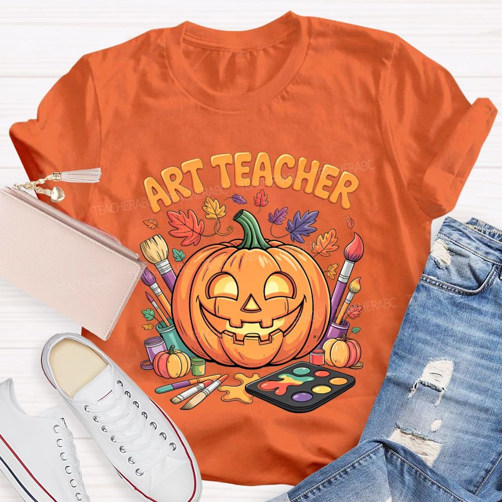 Art Teacher Halloween Pumpkin Paint Brushes Teacher T-shirt