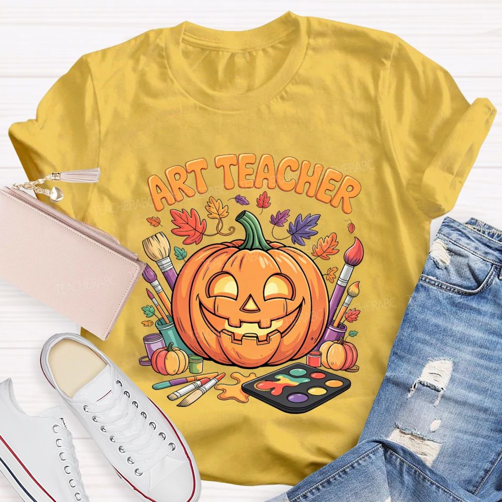 Art Teacher Halloween Pumpkin Paint Brushes Teacher T-shirt