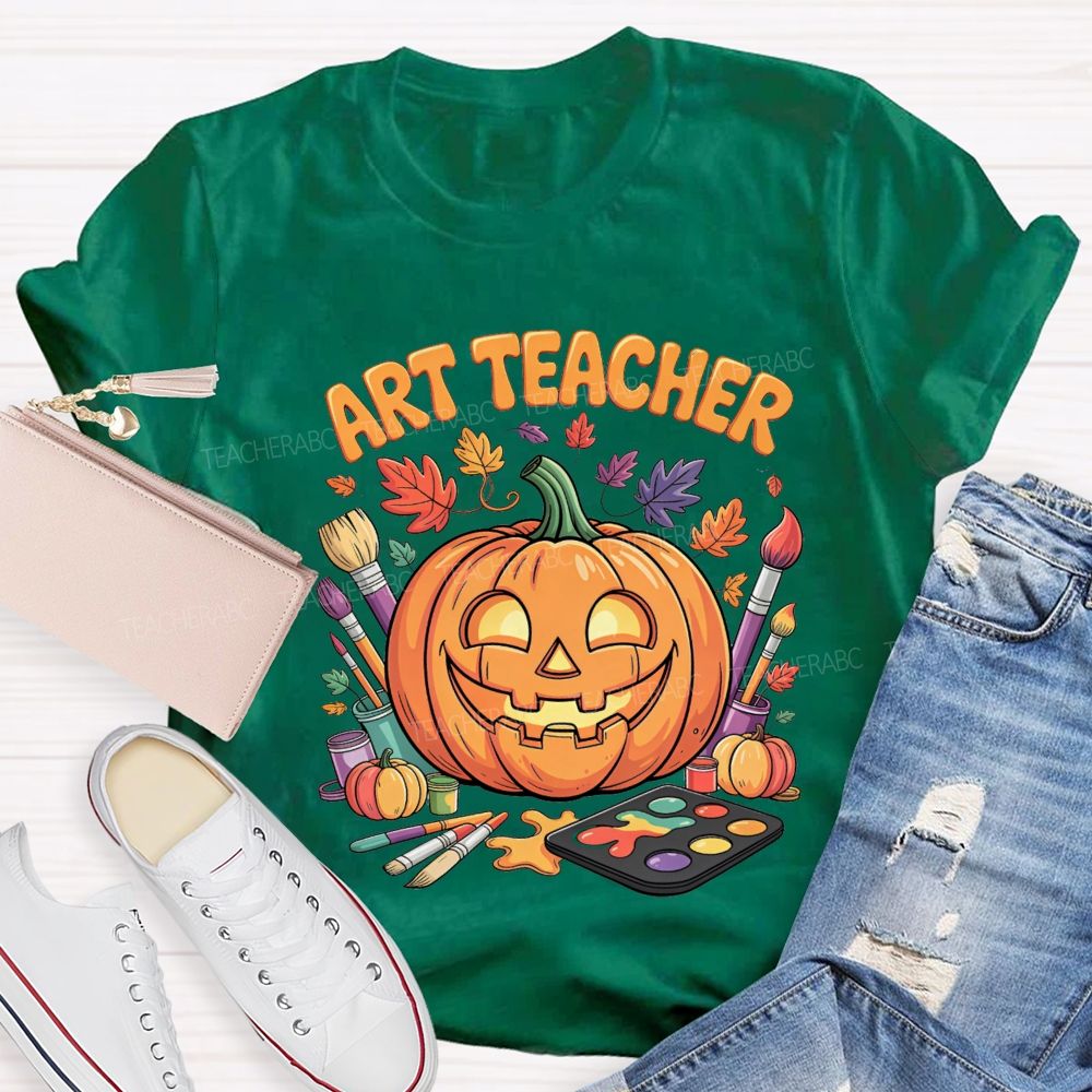 Art Teacher Halloween Pumpkin Paint Brushes Teacher T-shirt