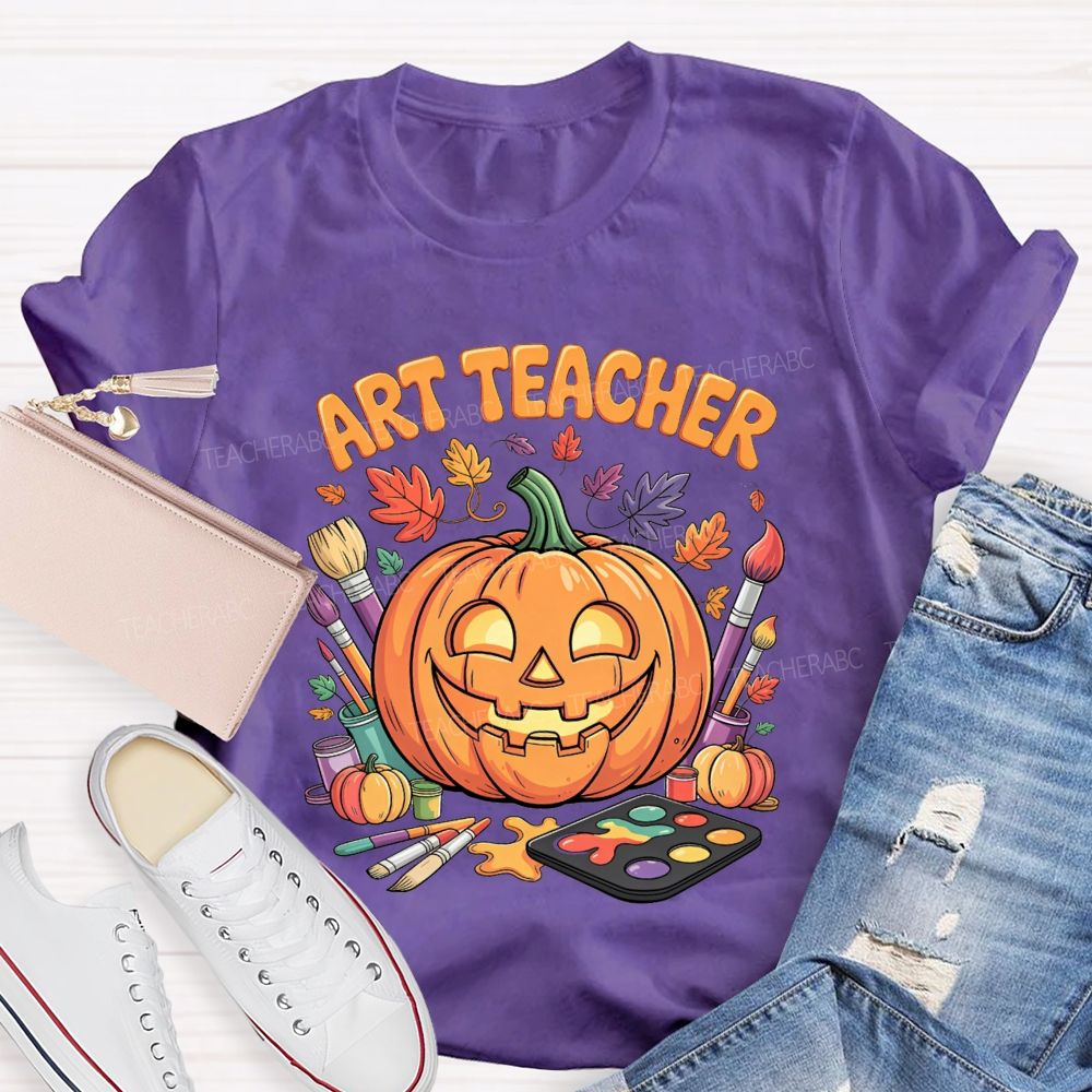 Art Teacher Halloween Pumpkin Paint Brushes Teacher T-shirt