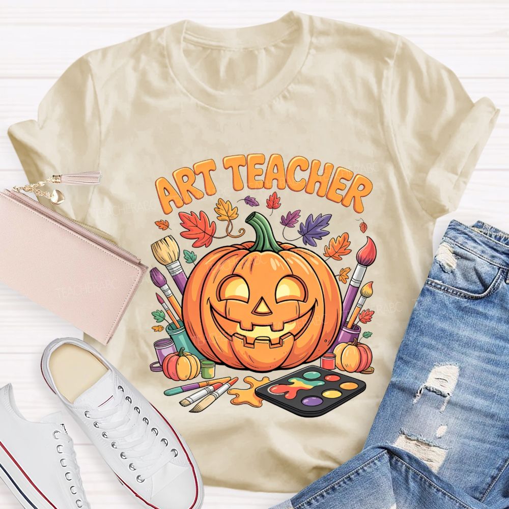 Art Teacher Halloween Pumpkin Paint Brushes Teacher T-shirt