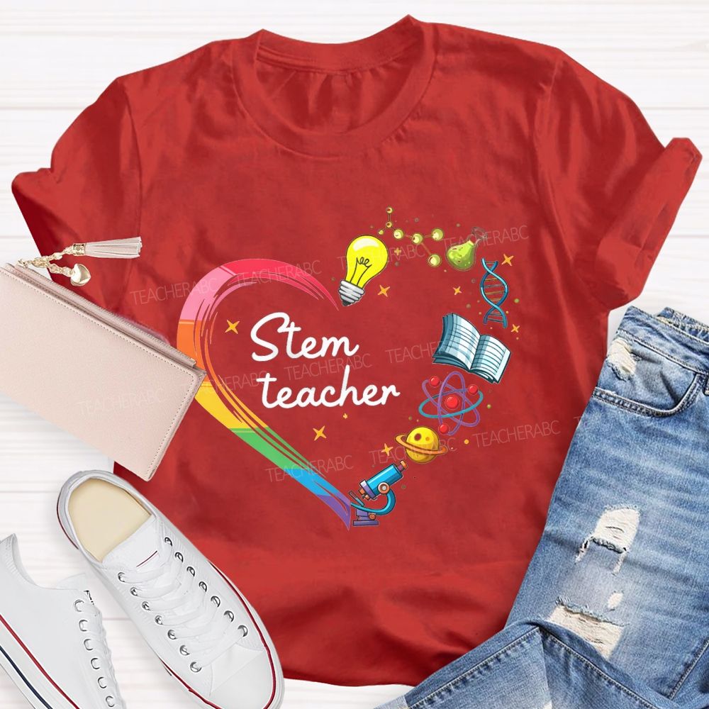Stem Teacher Rainbow Heart Science Elements Teacher T-shirt