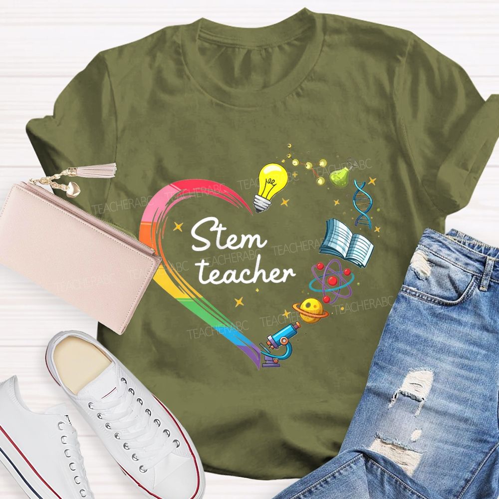 Stem Teacher Rainbow Heart Science Elements Teacher T-shirt