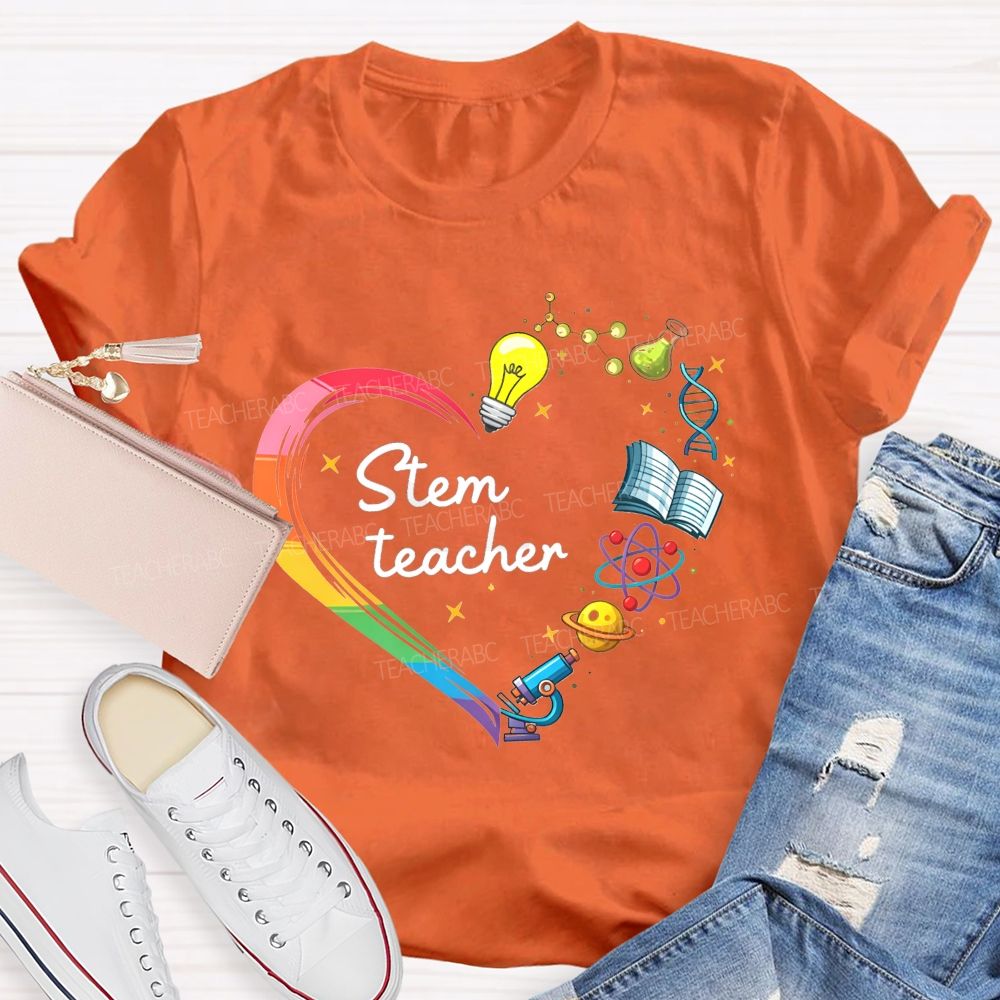 Stem Teacher Rainbow Heart Science Elements Teacher T-shirt