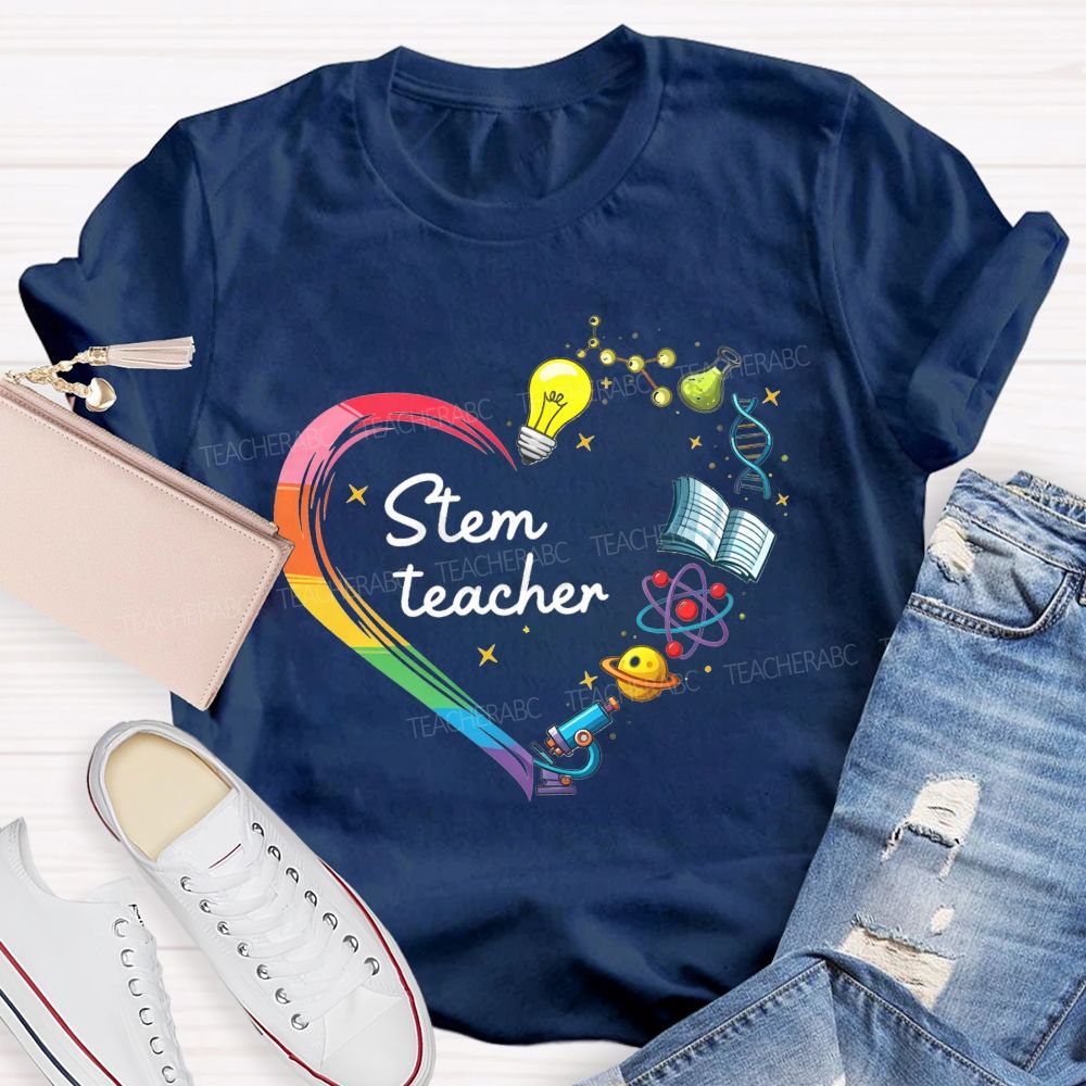 Stem Teacher Rainbow Heart Science Elements Teacher T-shirt