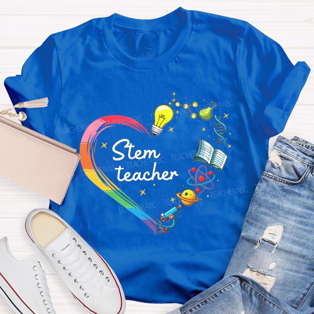 Stem Teacher Rainbow Heart Science Elements Teacher T-shirt