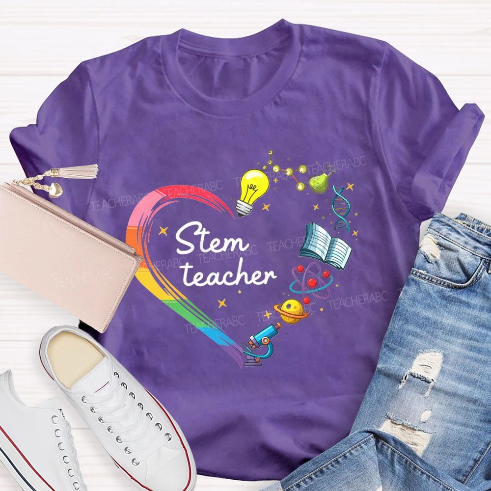 Stem Teacher Rainbow Heart Science Elements Teacher T-shirt