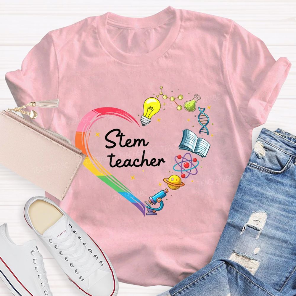 Stem Teacher Rainbow Heart Science Elements Teacher T-shirt