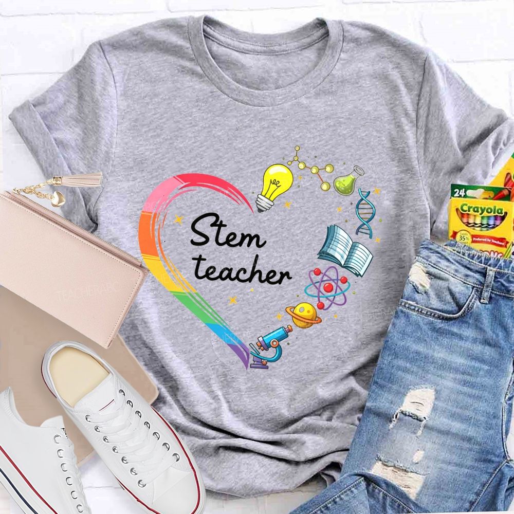 Stem Teacher Rainbow Heart Science Elements Teacher T-shirt