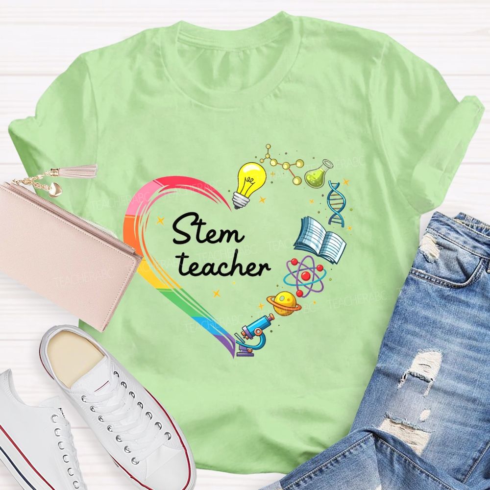 Stem Teacher Rainbow Heart Science Elements Teacher T-shirt