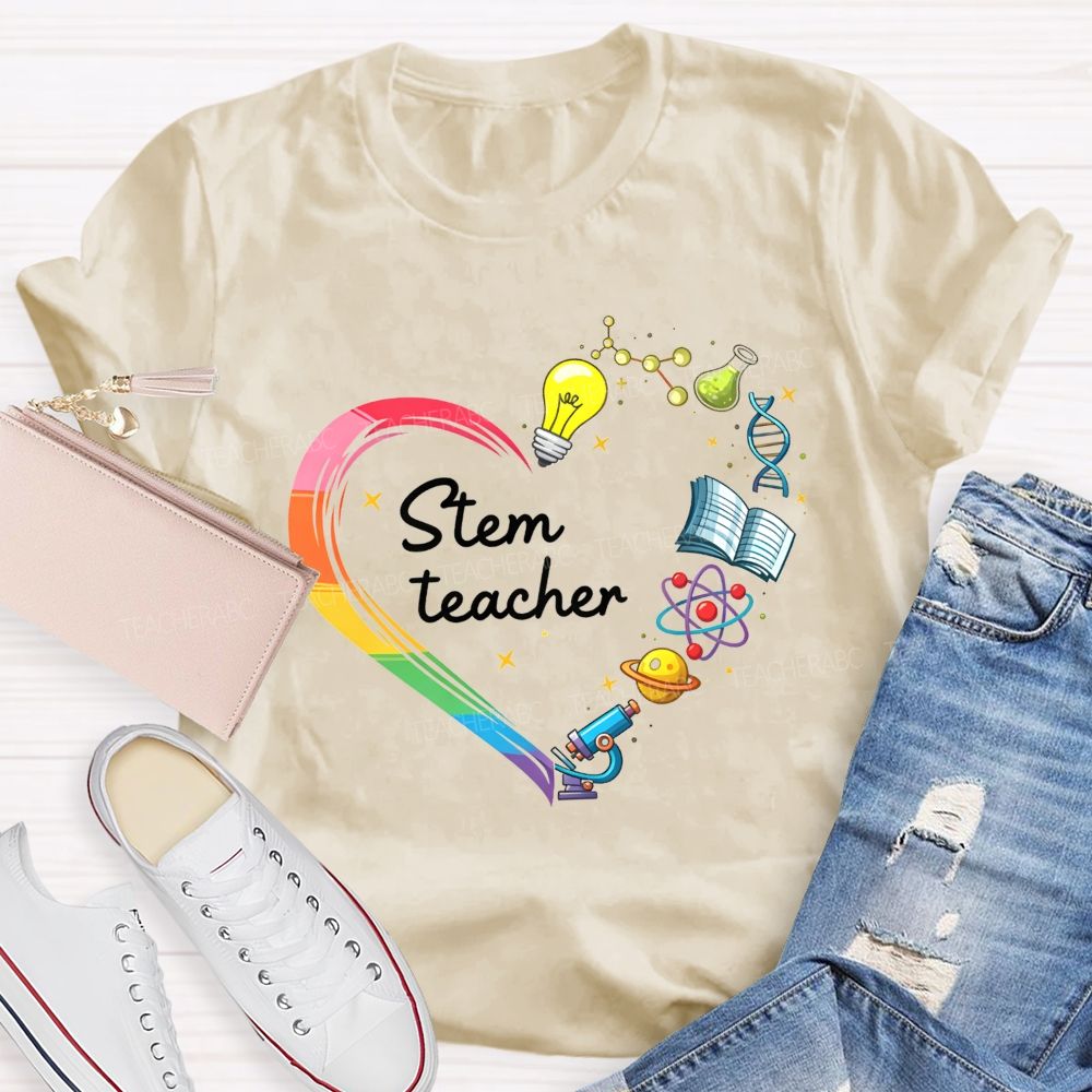 Stem Teacher Rainbow Heart Science Elements Teacher T-shirt
