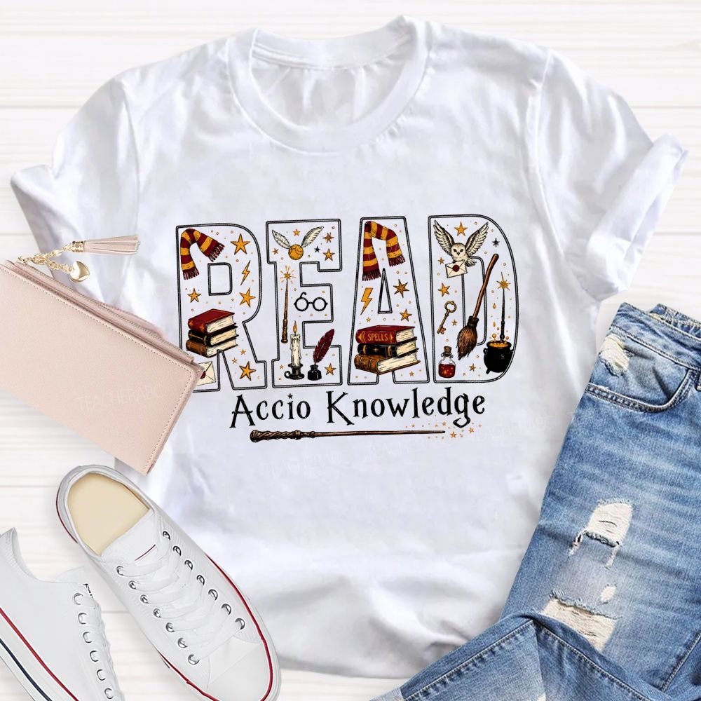 Read Accio Knowledge Halloween Teacher T-shirt