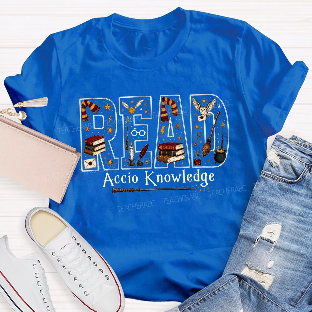 Read Accio Knowledge Halloween Teacher T-shirt