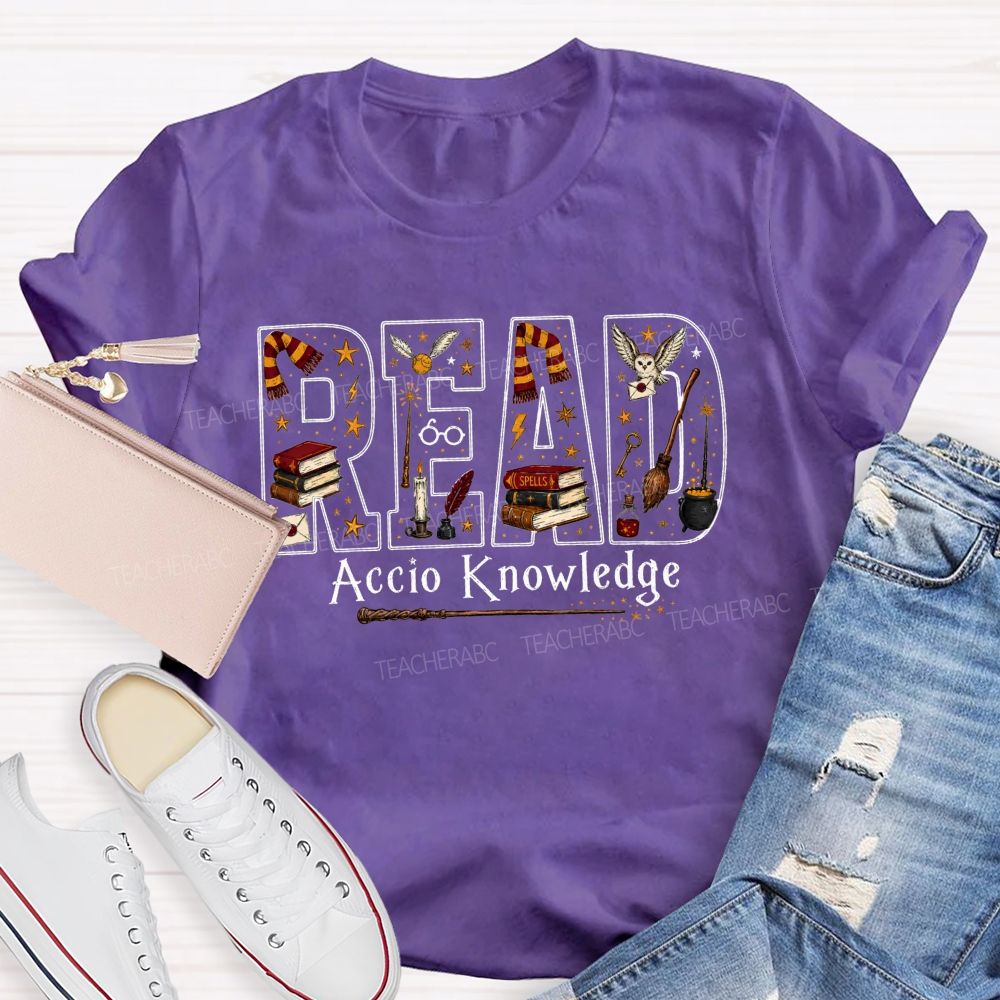 Read Accio Knowledge Halloween Teacher T-shirt