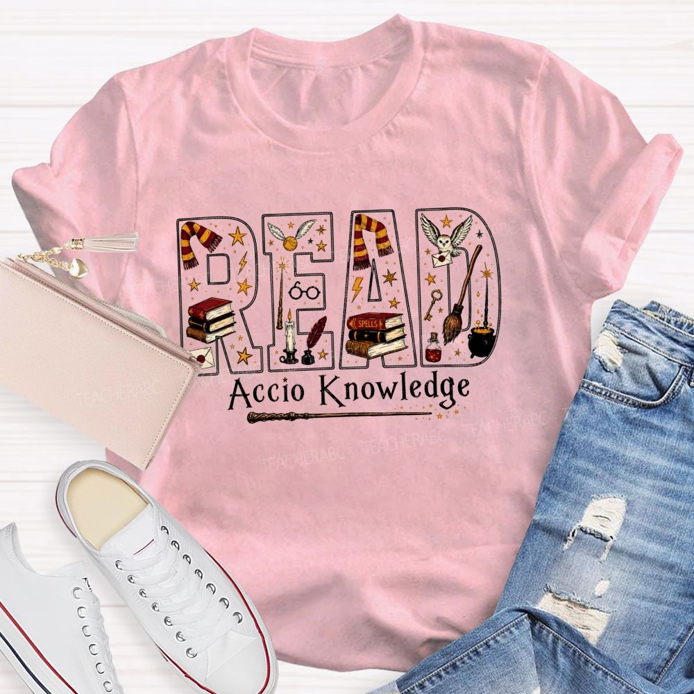 Read Accio Knowledge Halloween Teacher T-shirt