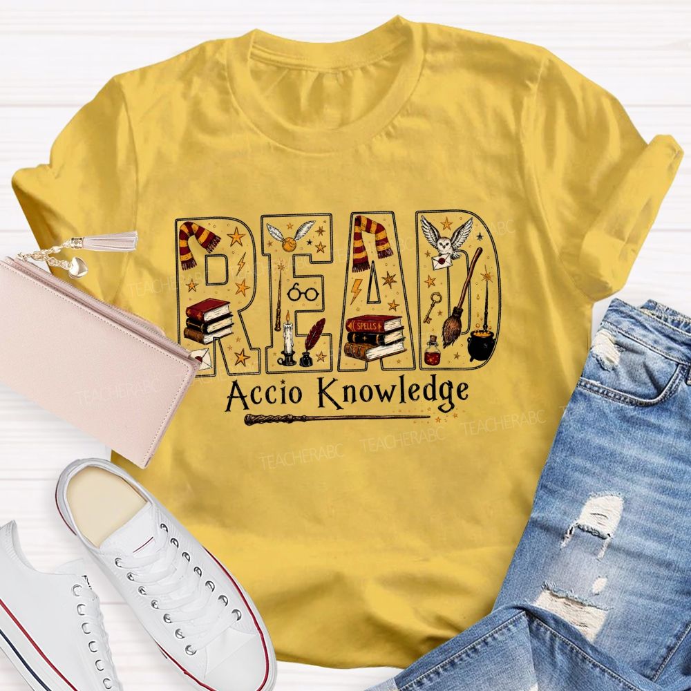 Read Accio Knowledge Halloween Teacher T-shirt