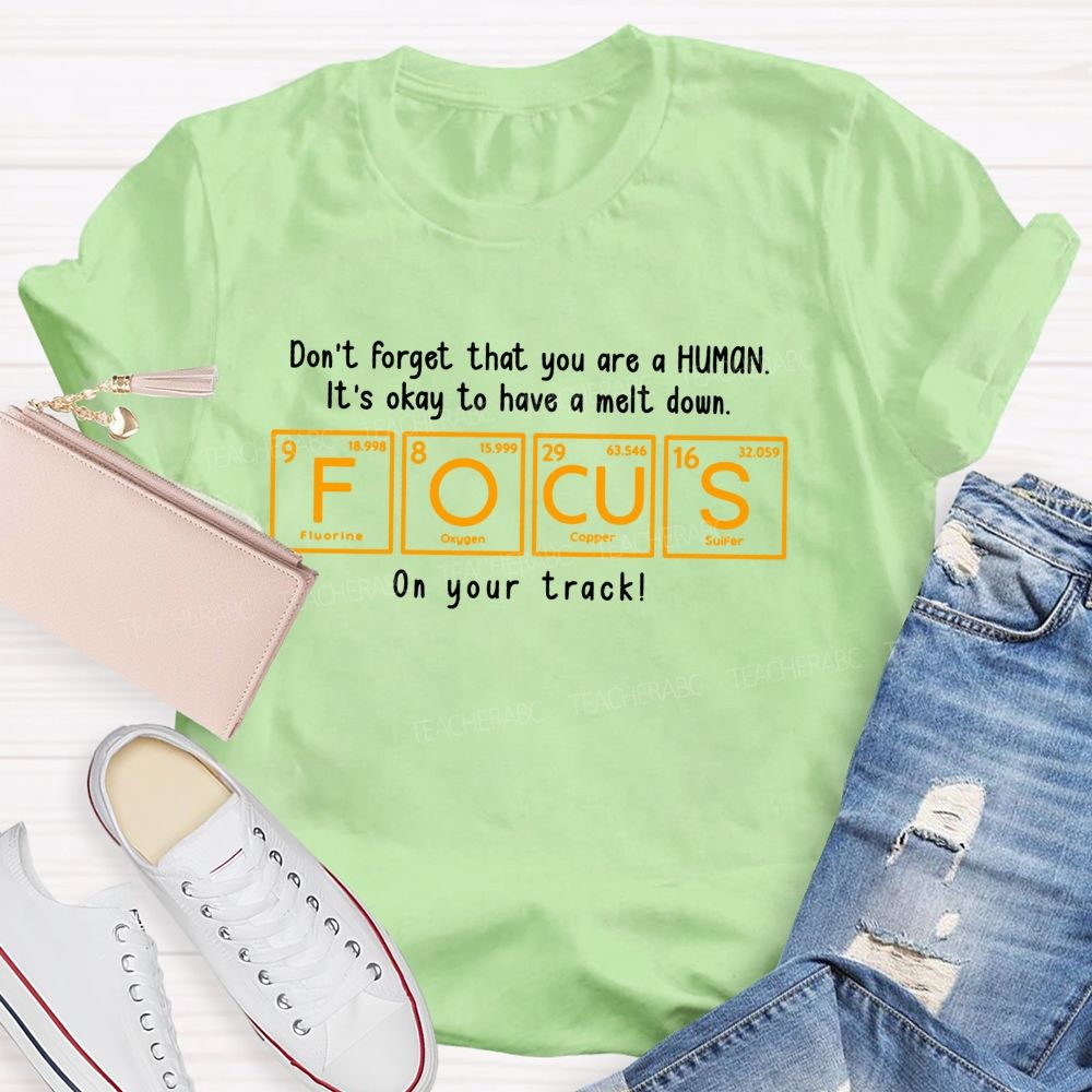 Don'T Forget That You Are A Human It'S Okay To Have A Meltdown Focus Periodic Table Teacher T-shirt