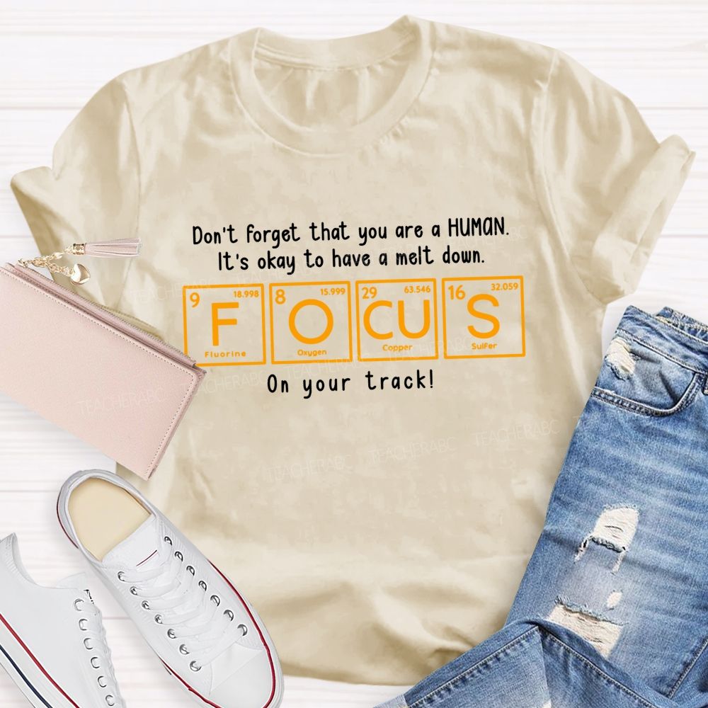 Don'T Forget That You Are A Human It'S Okay To Have A Meltdown Focus Periodic Table Teacher T-shirt