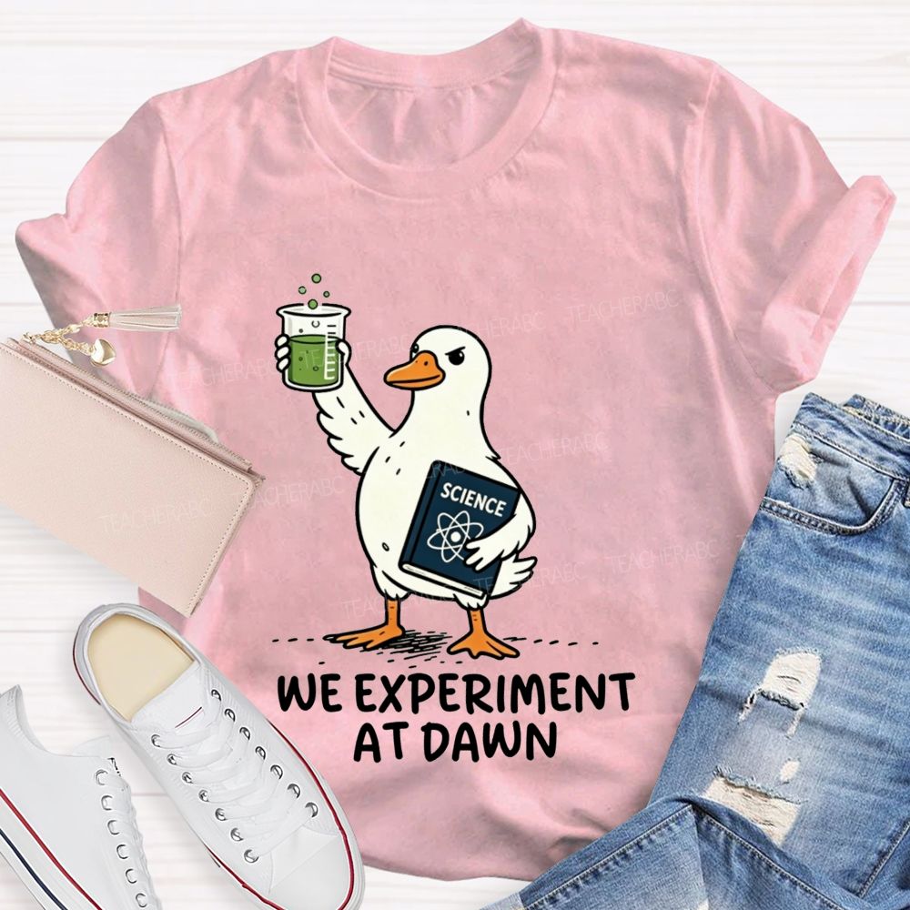 We Experiment At Dawn Science Duck Mode Teacher T-shirt