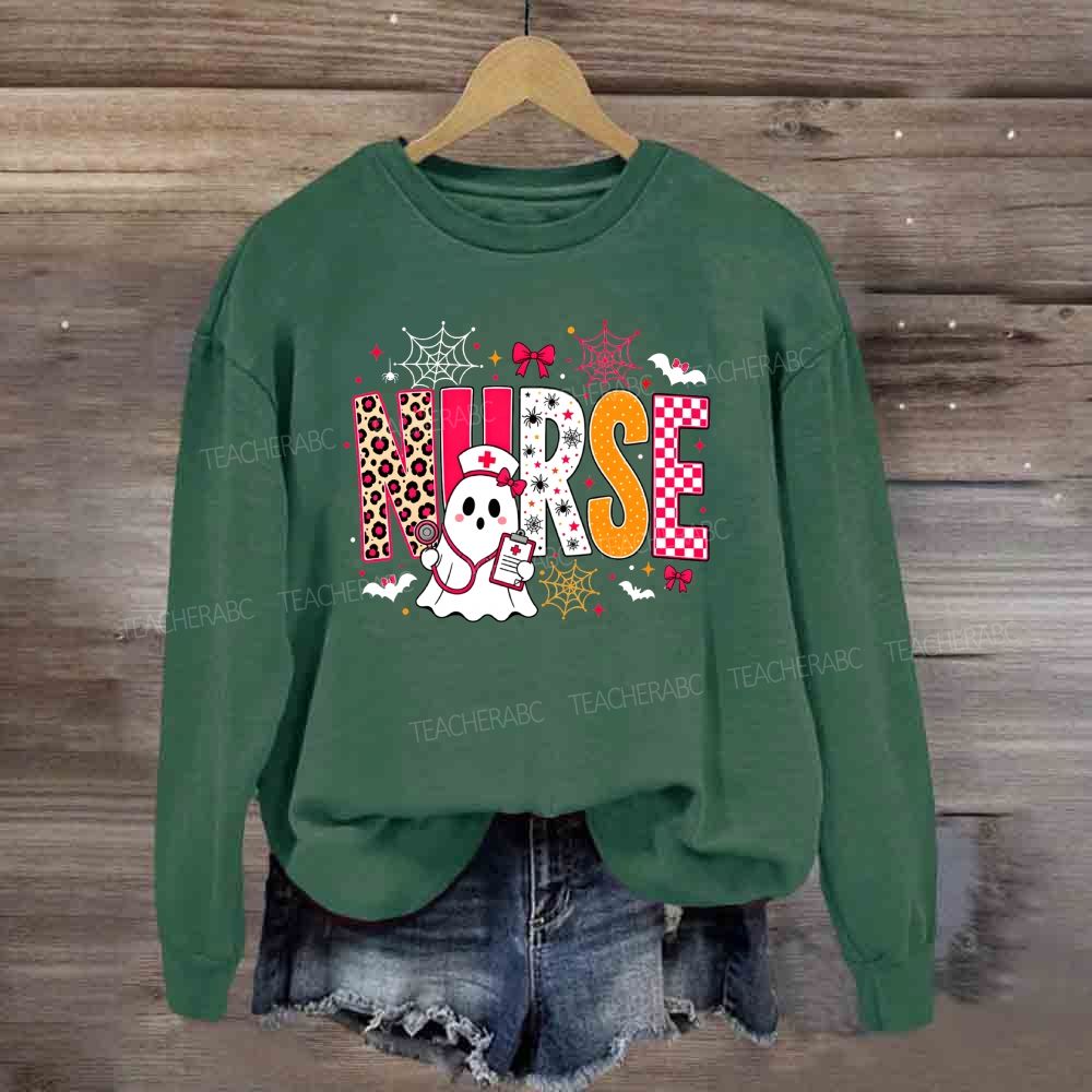 Halloween Nurse Ghost Leopard Checkered Letter Nurse Sweatshirt