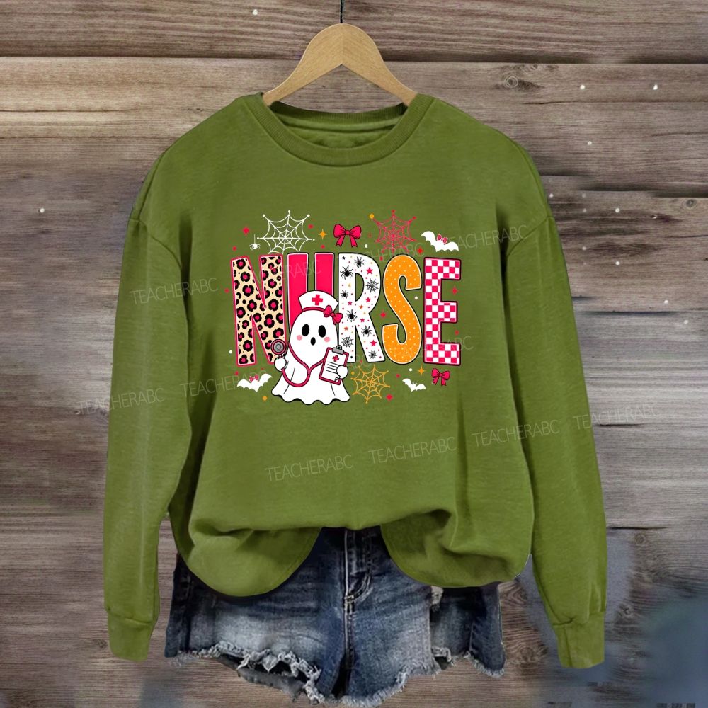 Halloween Nurse Ghost Leopard Checkered Letter Nurse Sweatshirt