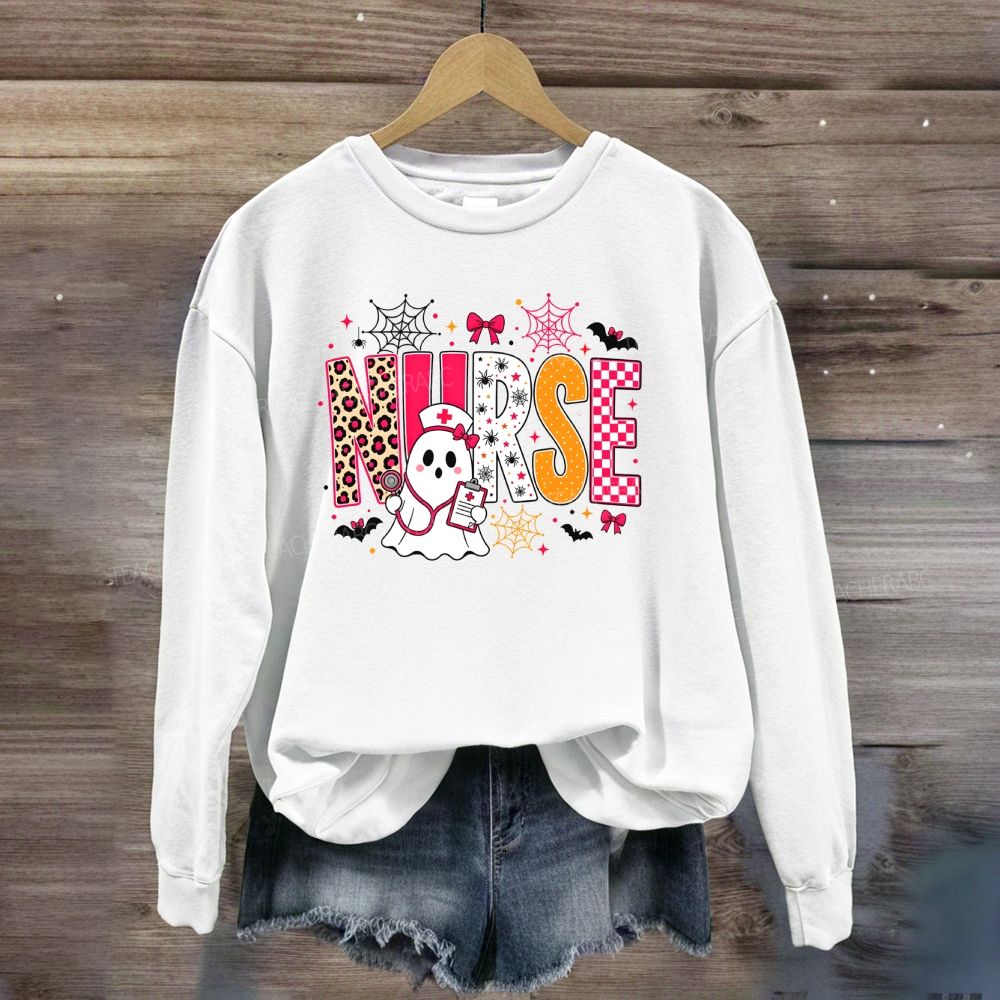 Halloween Nurse Ghost Leopard Checkered Letter Nurse Sweatshirt