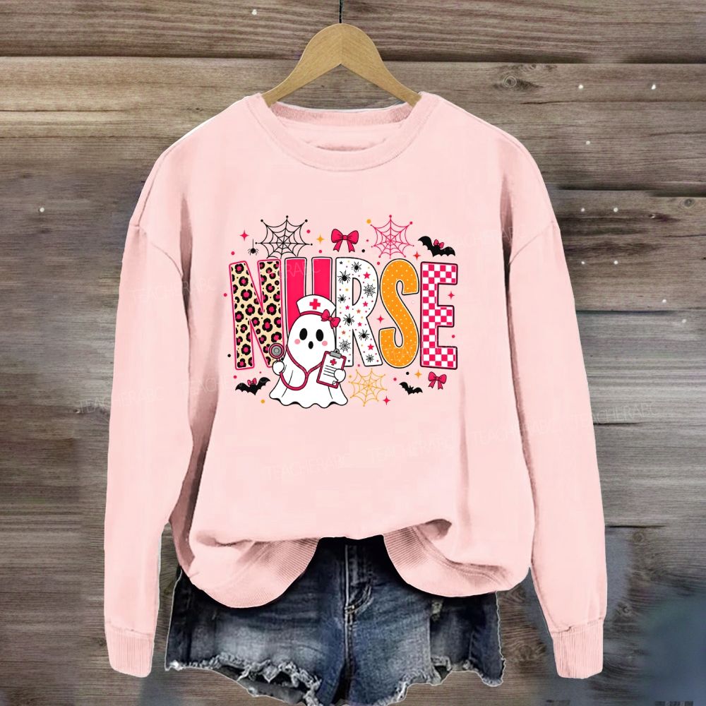 Halloween Nurse Ghost Leopard Checkered Letter Nurse Sweatshirt