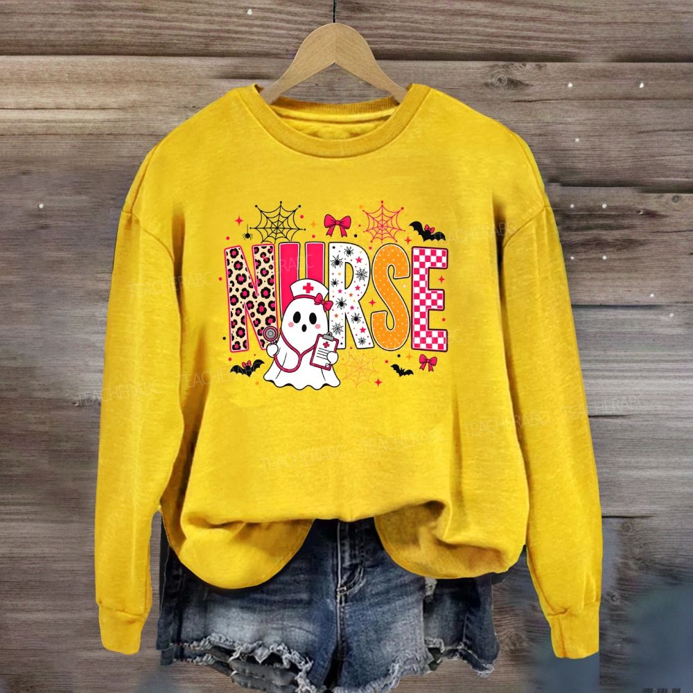 Halloween Nurse Ghost Leopard Checkered Letter Nurse Sweatshirt
