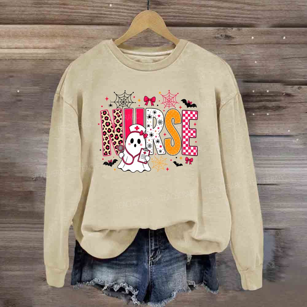 Halloween Nurse Ghost Leopard Checkered Letter Nurse Sweatshirt