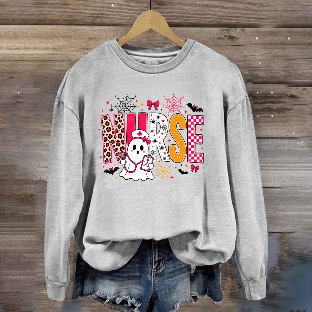 Halloween Nurse Ghost Leopard Checkered Letter Nurse Sweatshirt