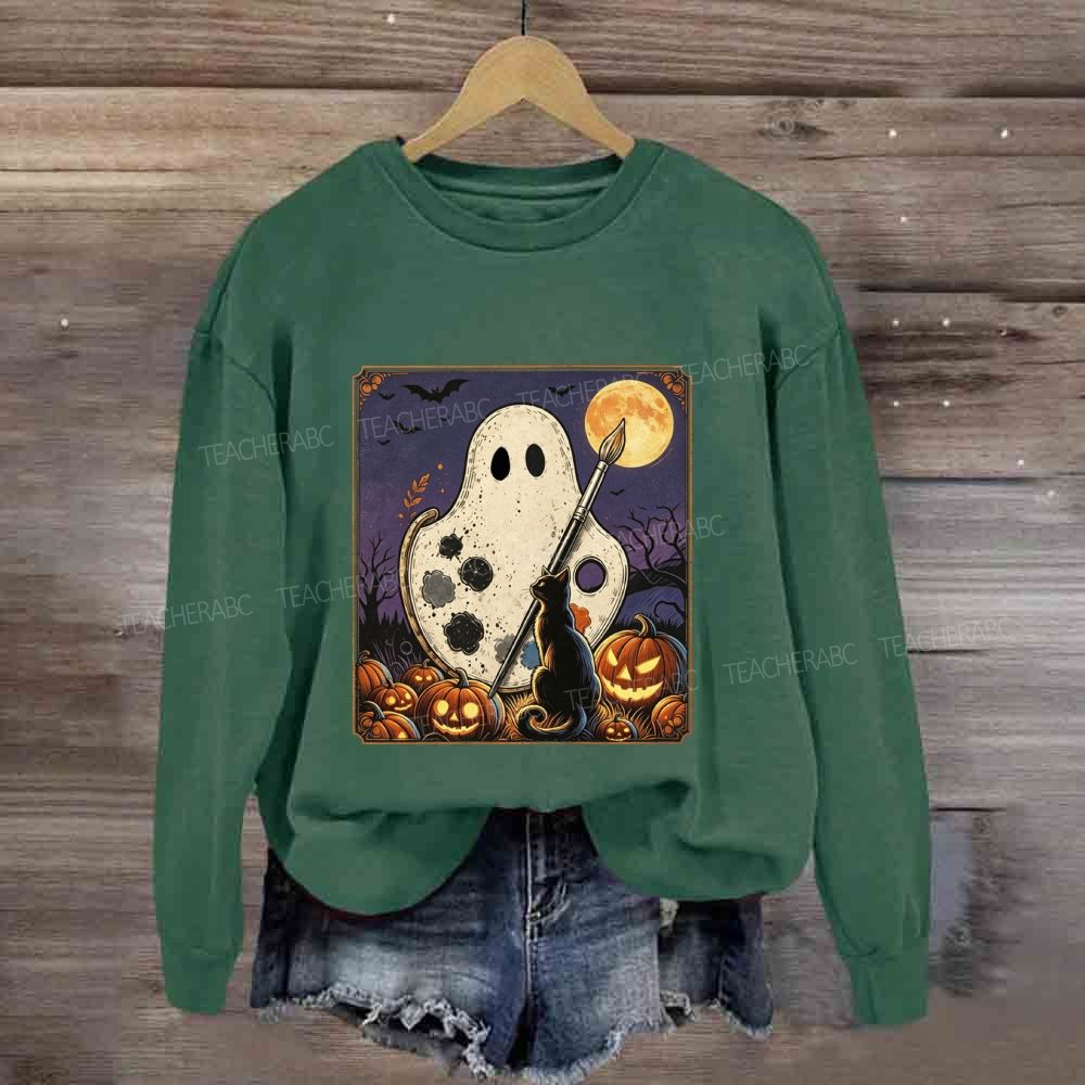 Art Teacher Halloween Ghost Paint Palette Black Cat Pumpkin Sweatshirt