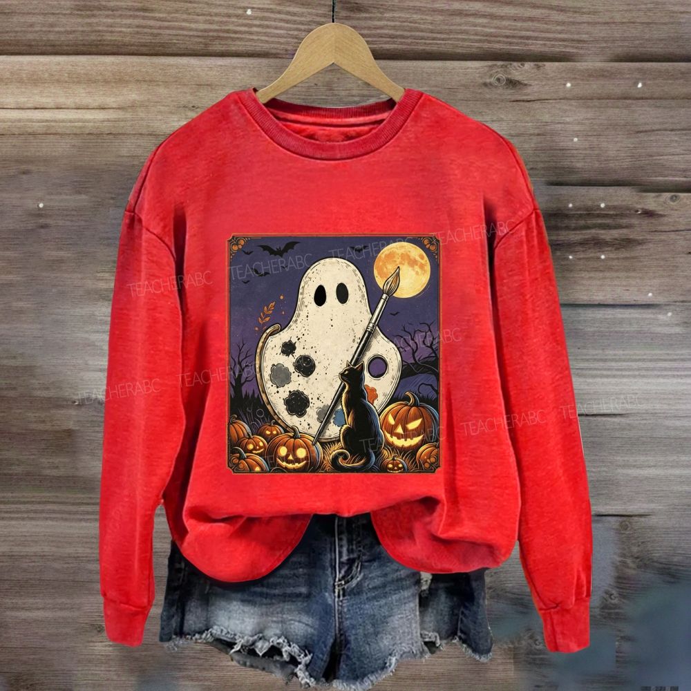 Art Teacher Halloween Ghost Paint Palette Black Cat Pumpkin Sweatshirt