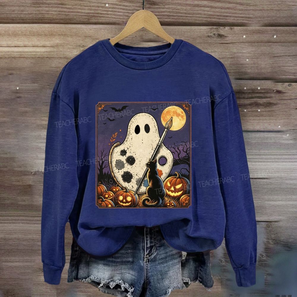 Art Teacher Halloween Ghost Paint Palette Black Cat Pumpkin Sweatshirt